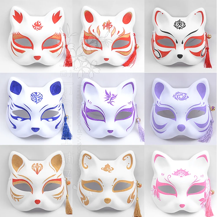 Jx3 Series Online Games Related Japanese Kimono Fox Cat Masks Hand Painted Bell Halloween Cosplay Party Props