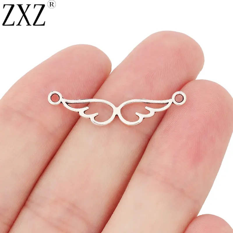 ZXZ 50pcs Tibetan Silver Angel Wing Connector Charms 2 Sided for Bracelet Necklace Jewelry Making Findings 31x6mm