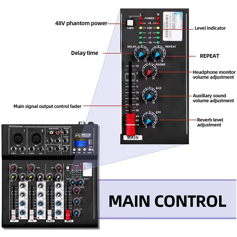 F4 4 Channel Audio Mixer Sound Professional Mixing Console with Bluetooth USB Recording 48V Phantom Power