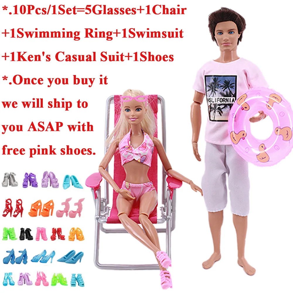 Free Shoes Barbiees Doll Clothes Ken Outfit Beach Chair Bkini Swimsuits Bicycle Swimming Ring Snorkeling Dive For Barbiees Doll