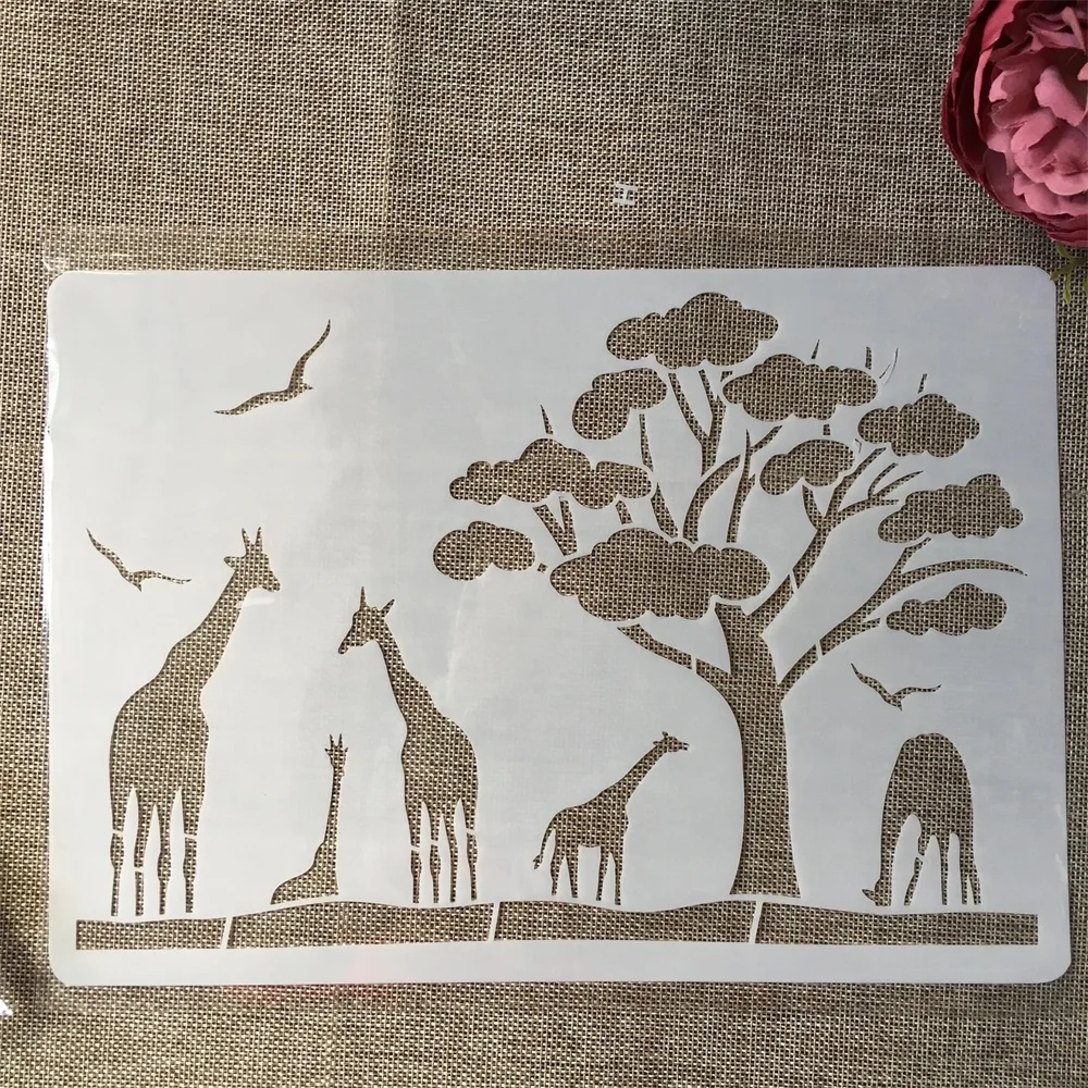 1Pcs A4 29cm Giraffe Grassland DIY Layering Stencils Wall Painting Scrapbook Coloring Embossing Album Decorative Template