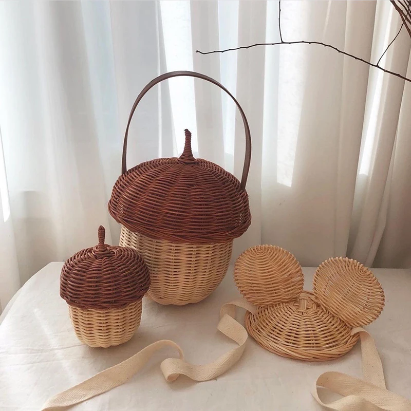 Rattan Pinecone Picnic Basket Handmade Woven Storage Bag Cute Portable Rattan Basket Handbag Wicker Basket For Kids Photo Props