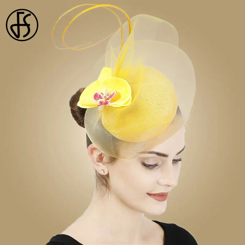 FS Ladies Fascinator Hats Base Beige Sinamay Wedding Church Hats For Women Pillbox Hat Veil Elegant Hair Accessories Headwear