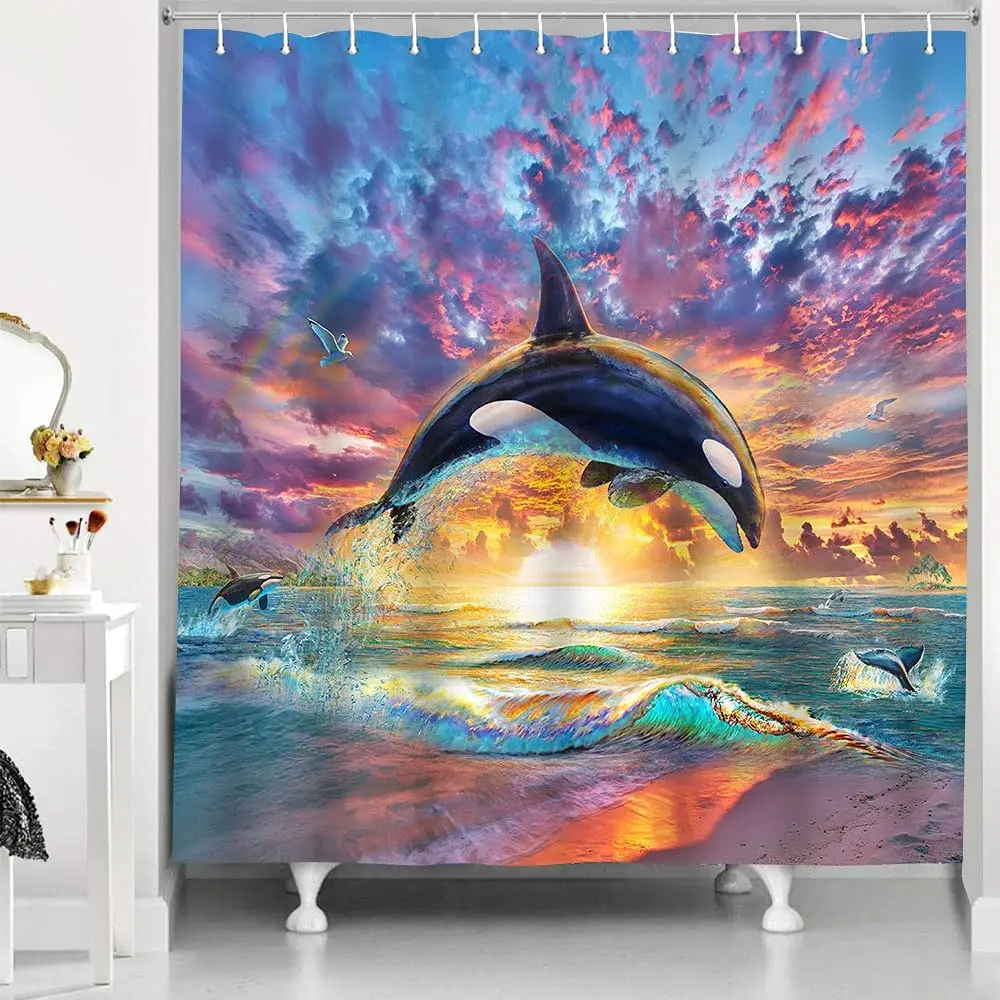 

Blue Whale Shower Curtain Whale Blue Leaping Natural Beautiful Sunset Landscape Waterproof Polyester with Hooks Bathroom Decor