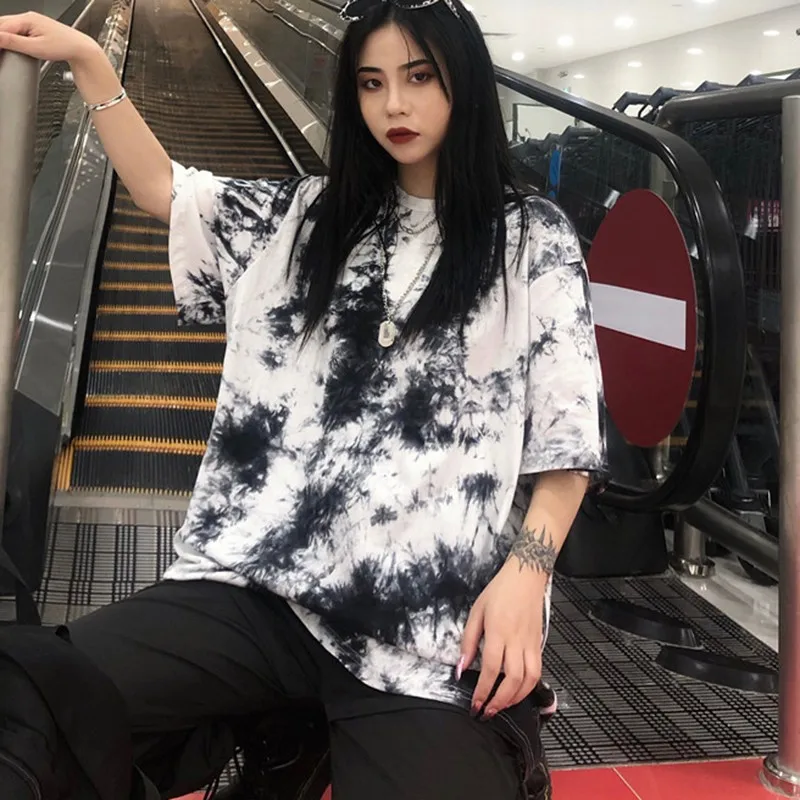 Hip Hop Style Tee Tie-Dye Print Women's T Shirt Casual Round Neck Short Sleeve Top Loose T-Shirt