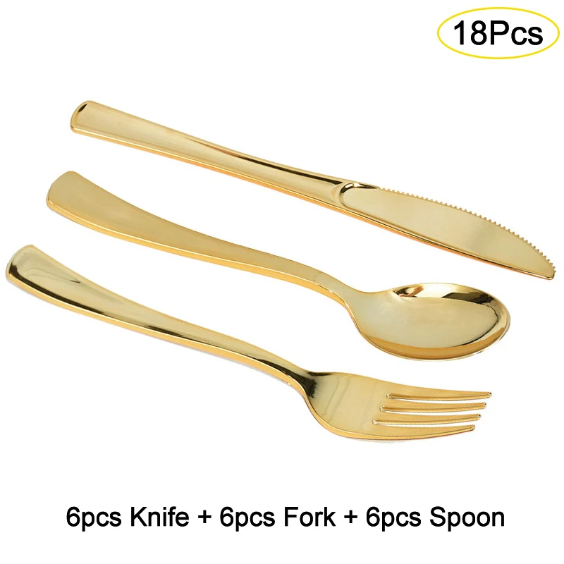 18Pcs Rose Gold Plastic Disposable Tableware Dessert Knives Forks Spoon Wedding Birthday Party Decoration Supplies Cutlery Set