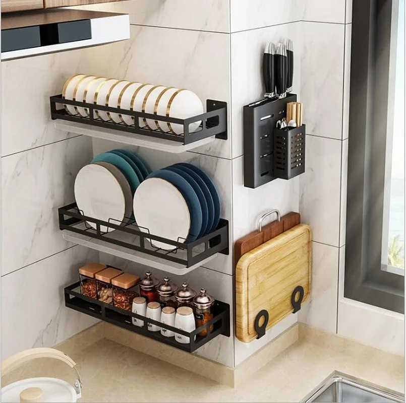 Stainless Steel Kitchen Rack Wall-mounted Dish Rack Dish Free Perforated Seasoning  Knife  Pot Cover