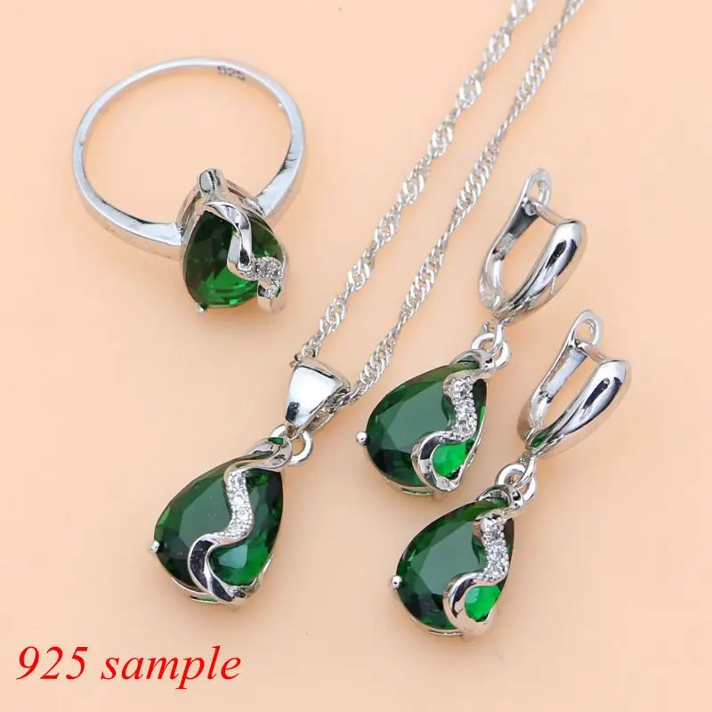 Luxury 925 Silver Jewelry Sets Natural Green Emerald White Crystal Drop Jewelry Sets Women Anniversary Dropshipping