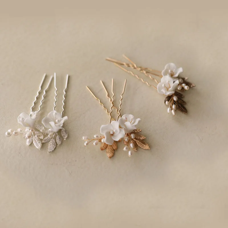 Wedding Pins Hair Clips Ceramic Flower Bridal Headpiece Gold Silver Color Leaf Jewelry Pearls Women Boddy Pin