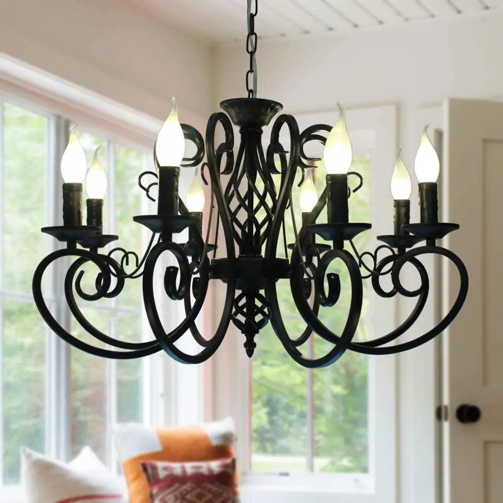 

Vintage Wrought Iron Chandelier Candle Light Black Metal Lighting Fixture for Living Room Foyer Hanging Pendant Lamp