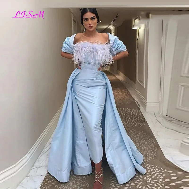 Sky Blue Mermaid Prom Party Kleider Lange Saudi-arabien Satin Feder Formale Abendkleider Elegante Hochzeit Party Kleider