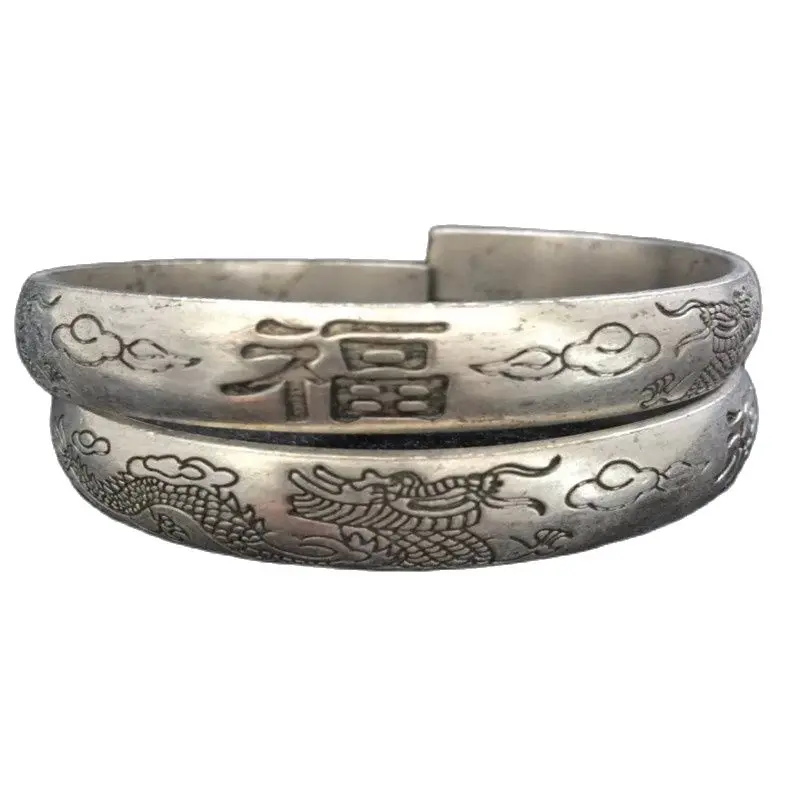 Old Handwork Miao Silver Carve China Adjust Pair Bracelet