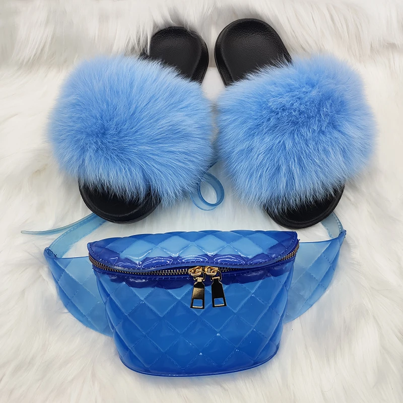 Women Fur Slippers Solid Color Fanny Pack Real Fox Fur Slides Cute Plush Furry Ladies Beach Flip Flops Jelly Chest/Belt Bag Sets