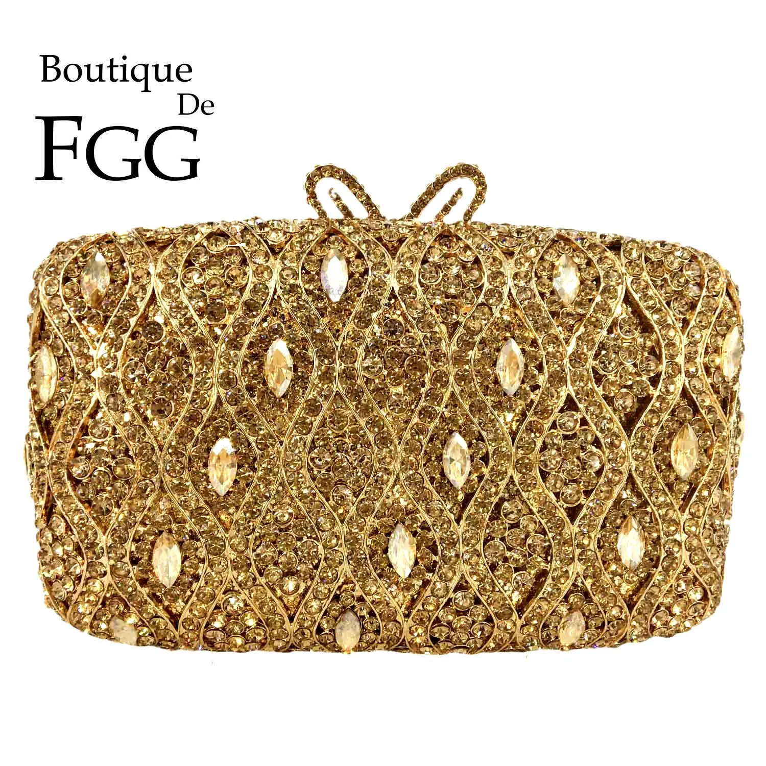 

Boutique De FGG Women Gold Crystal Evening Bags Bridal Wedding Party Rhinestone Minaudiere Handbags Ladies Gala Dinner Clutch