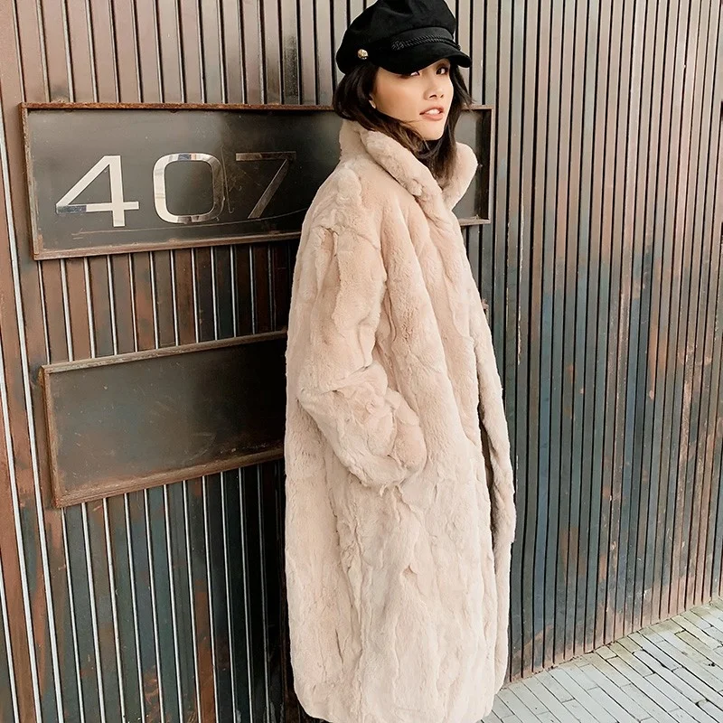 Winter New Women Real Rex Rabbit Fur Coat Female Long Shearling Jacket Colors Warm Loose Fit Hairy Soft Real Fur Overcoat