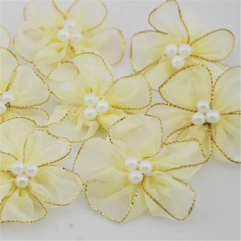 40pcs Organza Ribbon Flower w/Pearl Appliques/craft/Wedding decoration Lot mix B027