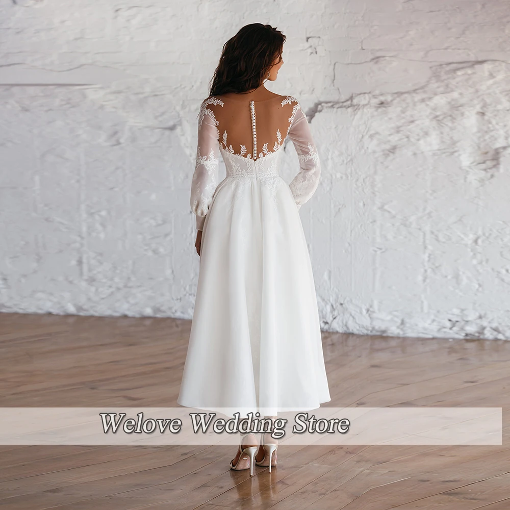 High Quality Ankle Length White Wedding Dress Long Sleeves Illusion Button Back Engagement Bridal Gown Robe De Mariage Femme