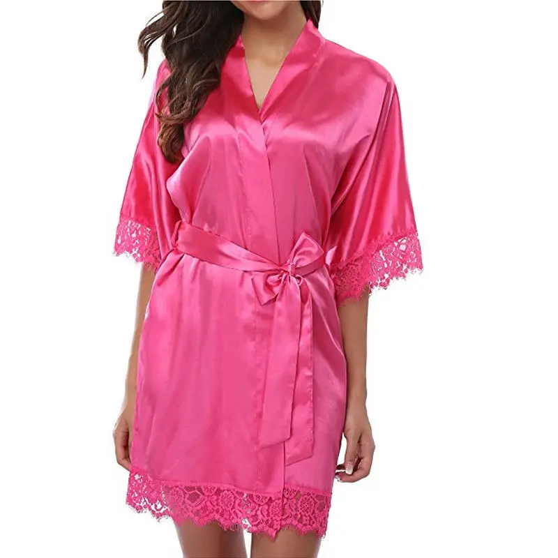 Satin Silk Kimono Robes Women Plus Size Bride Sleepwear Summer Sexy Lace Bridesmaid Pajamas Bathrobe Nightgown Wedding Spa Dress