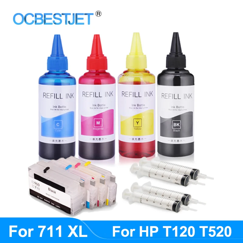 

711 711XL For HP DesignJet T120 T520 Inkjet Printer Plotter Refill Ink Kit 4 color Cartridge With ARC Chips and 400ml Dye Ink