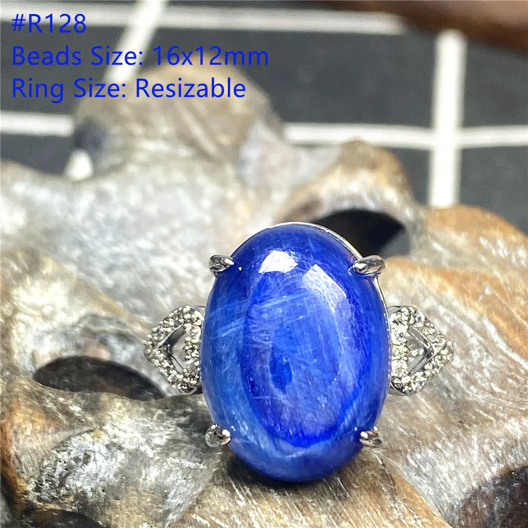 Natural Blue Kyanite Crystal Ring Jewelry For Women Men Luck Gift 16x12mm Beads Silver Beauty Cat Eye Stone Adjustable Ring AAAA