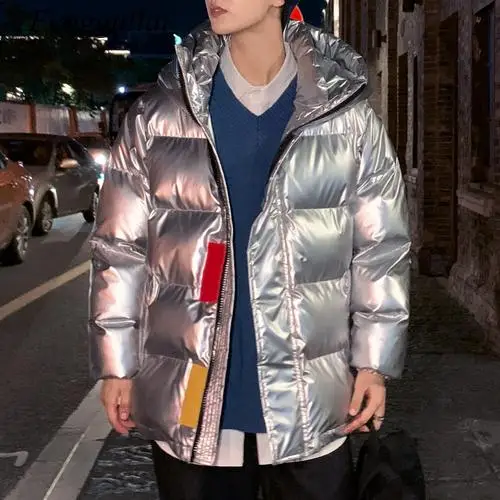 Silver Shiny Men\'s Winter Coat Fashion Hooded Warm Thicken Blue Cotton Padded Puffer Jacket Men 2020 New Parka