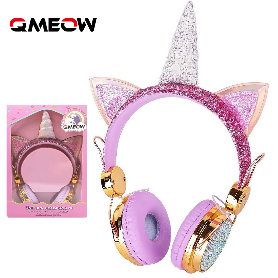 QMEOW Cute Unicorn Headphone 3.5mm Wired with Microphone Girls Music Stereo Earphone Phone Learning Gamer Unicorn Headset