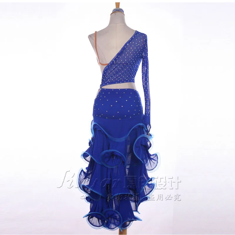 New Latin dance skirt competition skirt performance Skirt Adult custom blue dark blue long waist flash diamond dance skirt