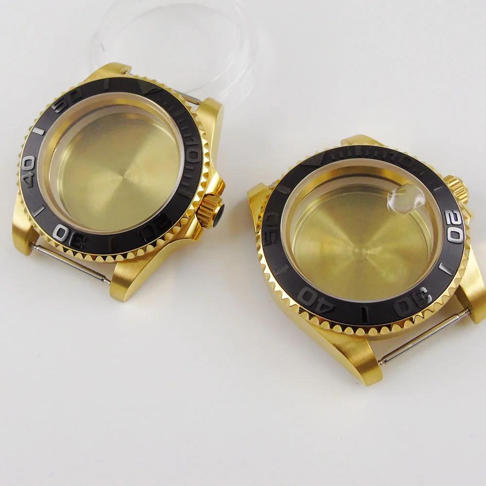 

40MM Accessories Parts Yellow Gold Plated Sapphire Transparent Glass Brushed Ceramic Bezel Watch Case Fit NH35 NH36 Movement