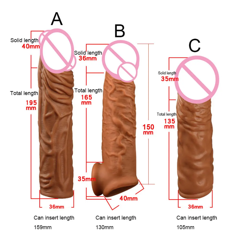 195mm Liquid Silicone Reusable Penis Sleeve Extender Male Cock Enlarge Sleeves For Men Dildo Enhancer Delay Ejaculation With Box