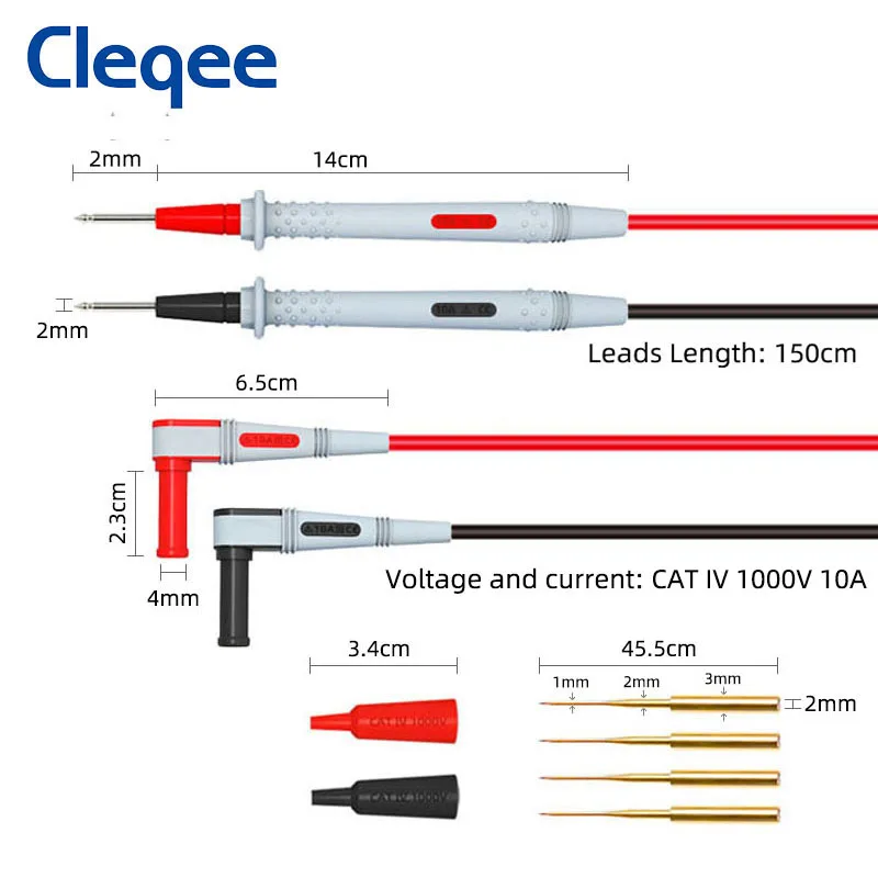 Cleqee-sondas multímetro de silicona suave, Cable de prueba de enchufe Banana de 4mm con agujas de repuesto afiladas, 1,5 M, P1505B, 1000V/10A