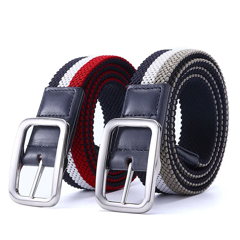 Fashion Accessories  Double Sided Braided Elastic Stretch Fabric Golf Leather camping Belt  For Men with Silvery Buckle