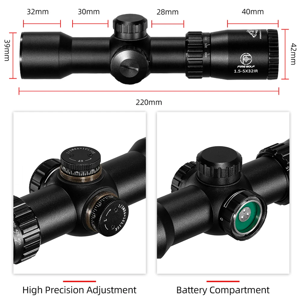 Fire Wolf 1.5-5X32 IR Hunting airsoft accessories tactical Optical sight red dot rifle scope Spotting scope for rifle hunting