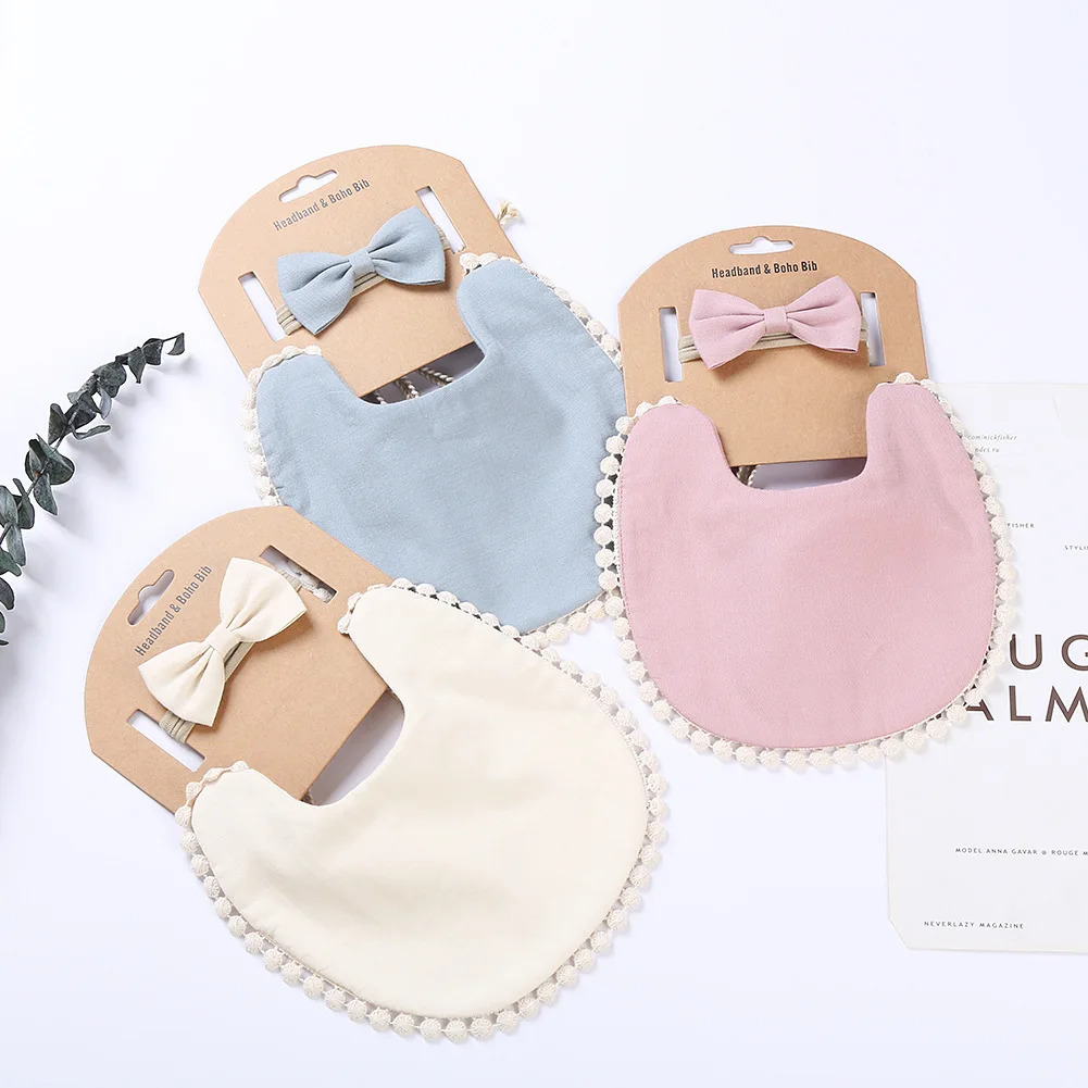 Children's Fashion Bibs and Bows Hairband Two Piece Set Solid Color Handmade Bowknot Elastic Headband Baby Feeding Saliva Towel