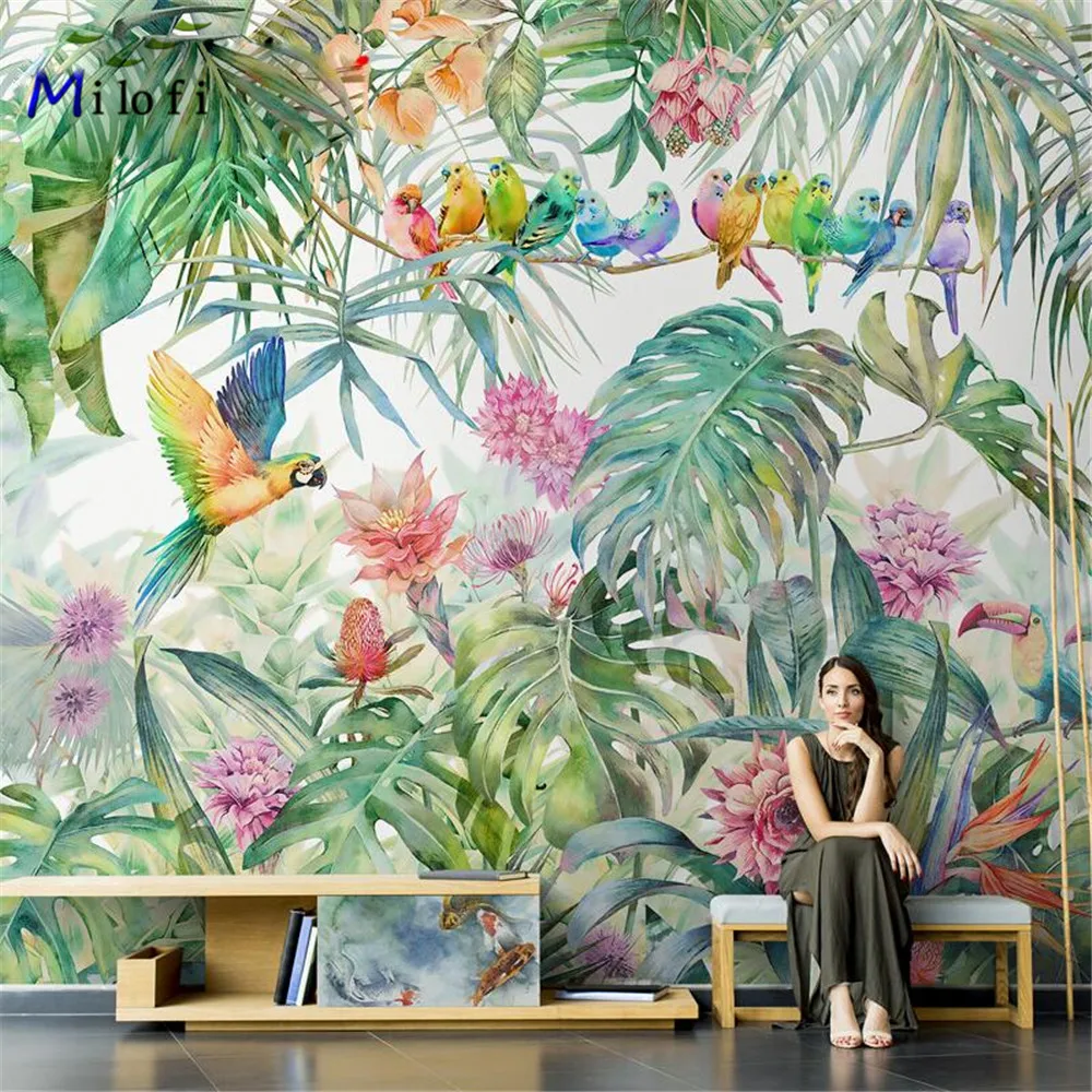 Milofi Nordic Wallpaper Tropical Rainforest Flowers and Birds Green Plants Living Room TV Background Wall Paper Mural