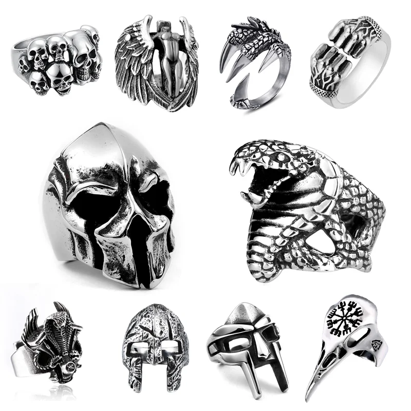 NEW Exaggerated Warrior Skull Mask Ring Fashion Men Domineering Ring Death Demon Retro Ring Jewelry Gift Resizable