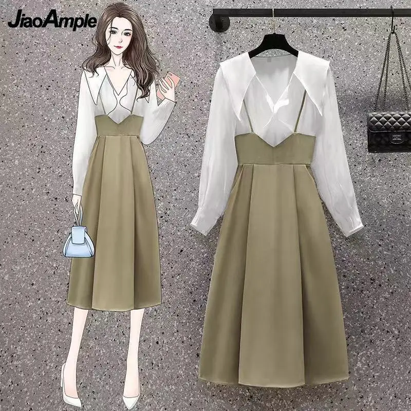 2021 Autumn New Trendy Skirt Suit Women Elegant Slim White Shirt Dress Set French Vintage Top Blouse Suspender Skirts Two-piece