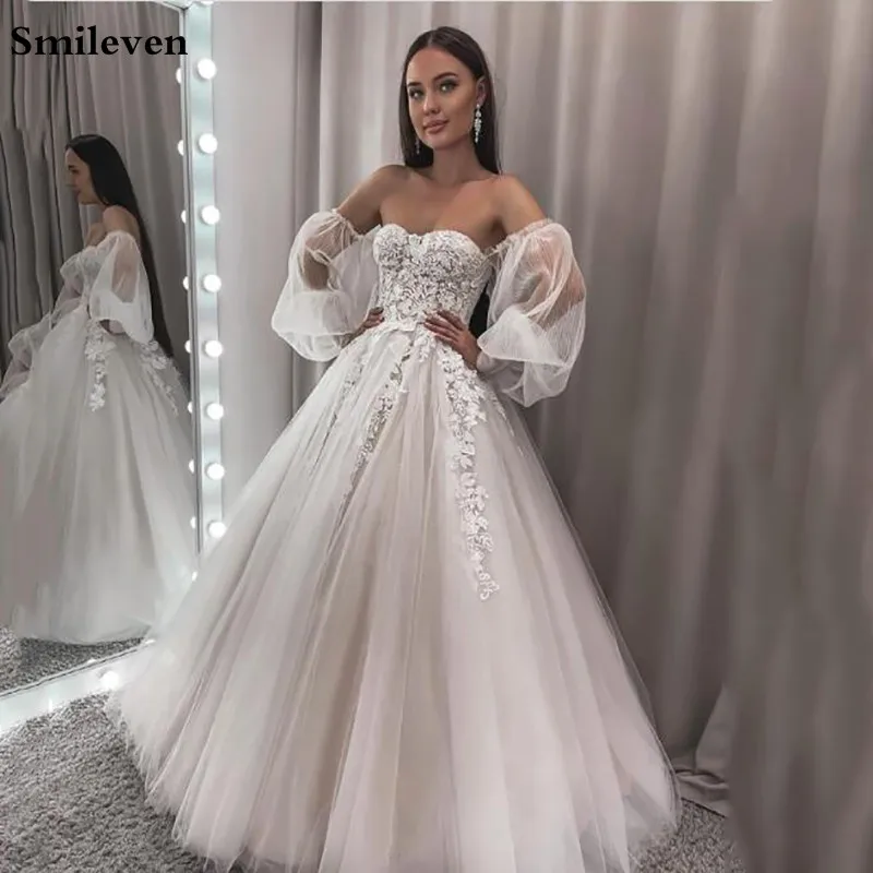 

Smileven Puff Sleeve Lace Wedding Dress A line Bridal Gowns Sweetheart Neck Vestido De Noiva 2021