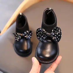 2022 New Girls Princess Pu Leather Boots Children Shoes Autumn Winter Plus Cotton Boots Kids Baby Bow Flat Boots G131