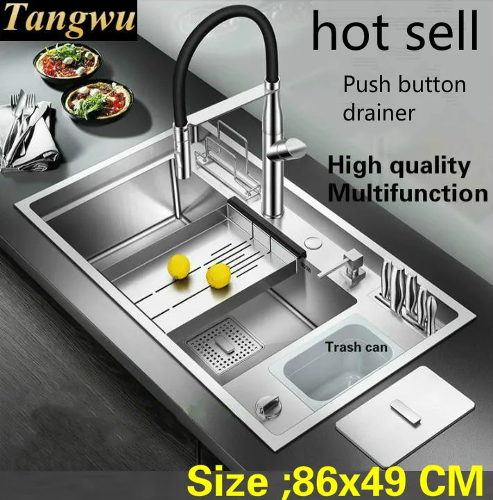 Free shipping Hot sell Apartment push button drainer luxury kitchen manual sink single trough big stainless steel 860x490 MM