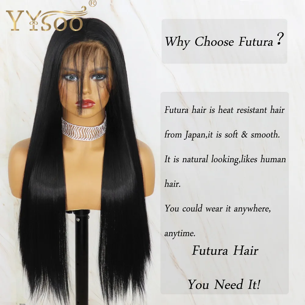 YYsoo Long Silky Straight #1 Black13x6 Japan Heat Resistant Futura Synthetic Lace Front Wigs for Women With Babyhair 6inch Part