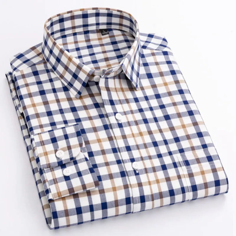 Camisa xadrez Oxford de manga comprida masculina, camisas de vestido masculinas, algodão puro, conforto suave, ajuste fino, tamanho grande, 8XL,