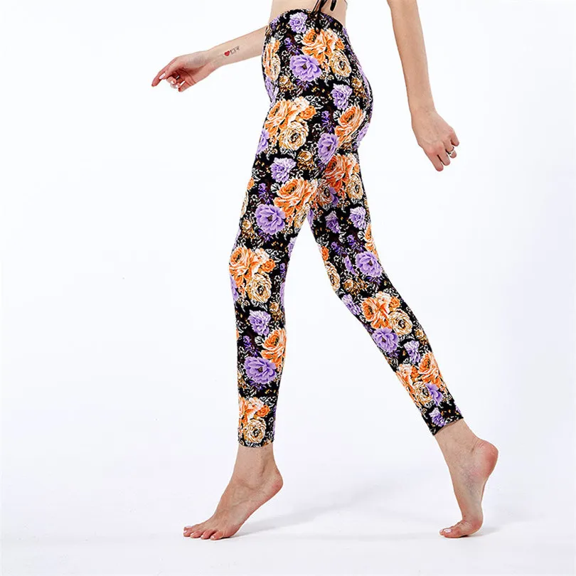 INDJXND Leggings Print Flower Hip Push Up Running Women Ankle-length Pants Elastic Waist Quick Dry Skinny Spandex Polyester Soft