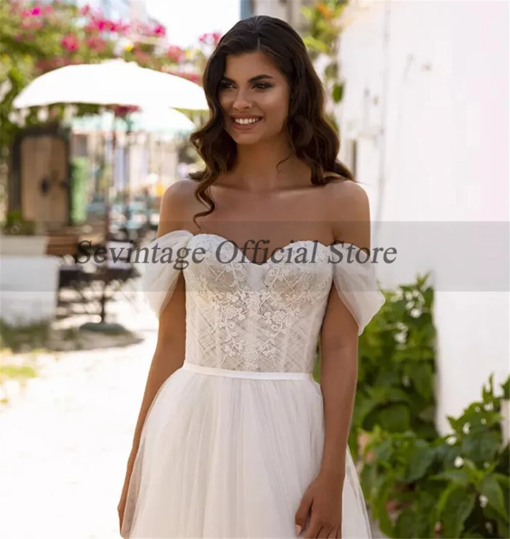 Sevintage-Vestidos de Novia de encaje, línea A, con hombros descubiertos, plisados, estilo bohemio, para playa y Campo, personalizados