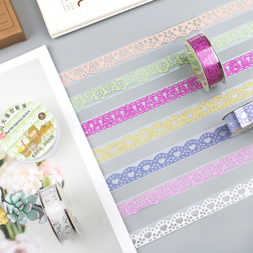 1 Roll  Creative Shiny Gold Masking Tape Glitter Lace Ribbons Washi Tapes DIY Self-adhesive Student Handbook Decoration