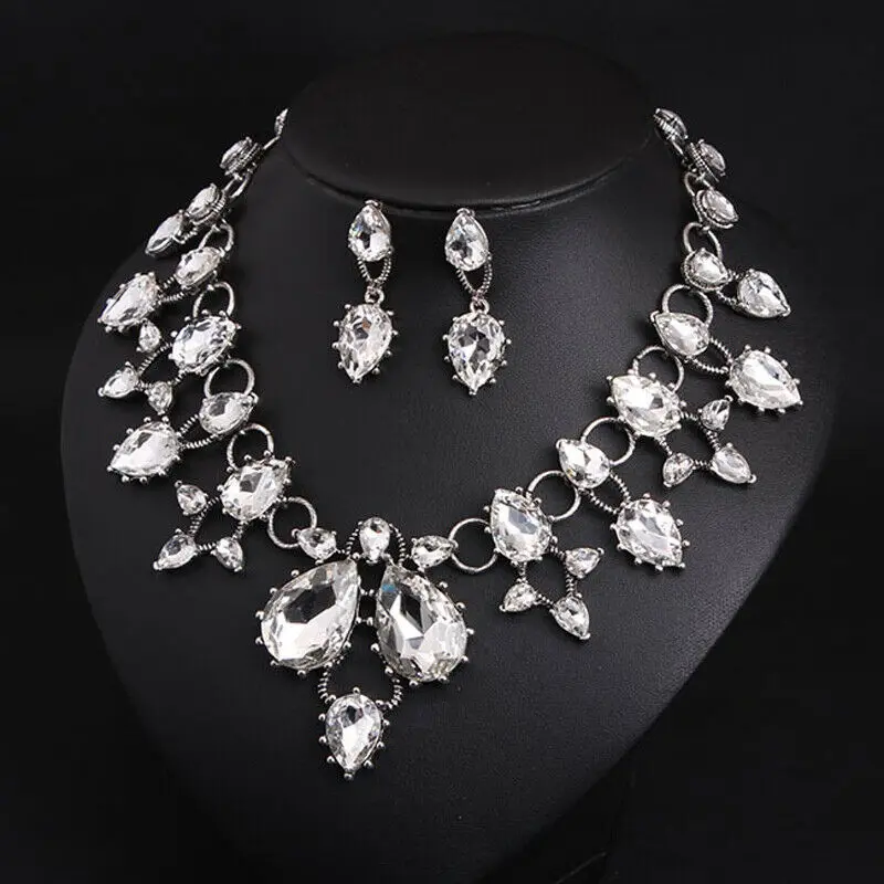 Vintage Crystal Water Drop Necklace Earrings Statement Women Rhinestone Choker Bib Bride Wedding Party Jewelry Set Accessories