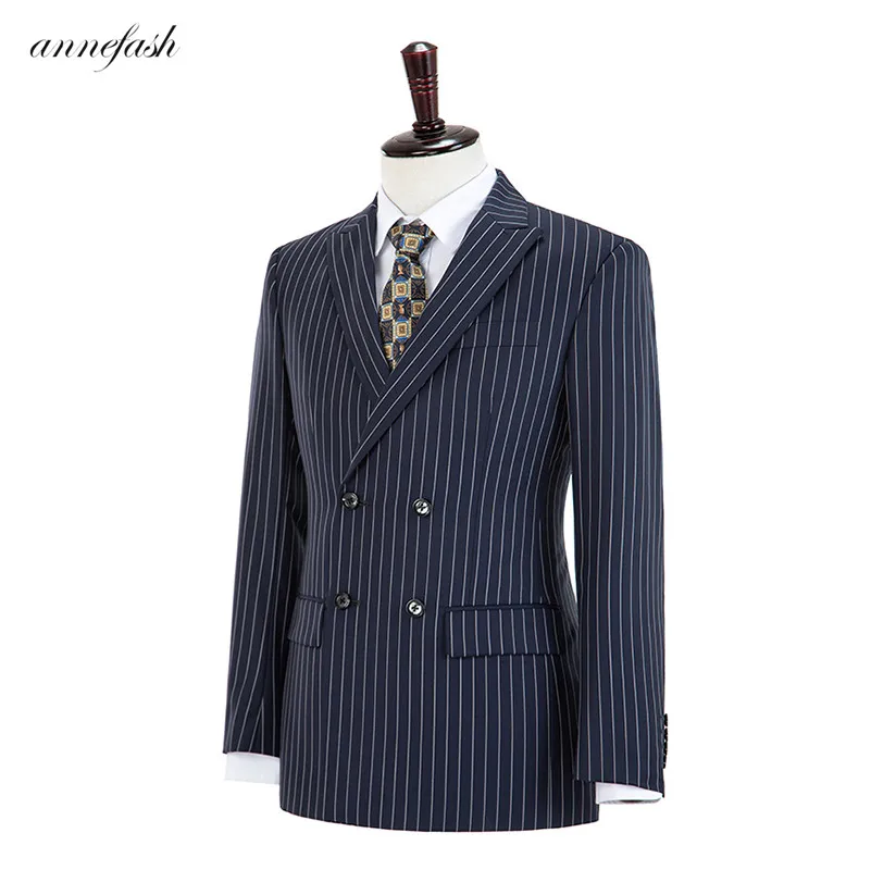 Custom Made high quality worsted wool navy strips double breast Business wedding suit Men Suit