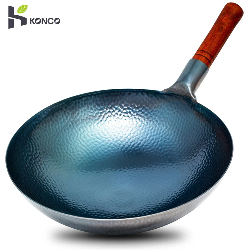 Konco Handmade Iron Pot 32CM Uncoated Traditional Iron Wok Wooden Handle Non-stick Wok Gas Cooker Pan Kitchen Cookware