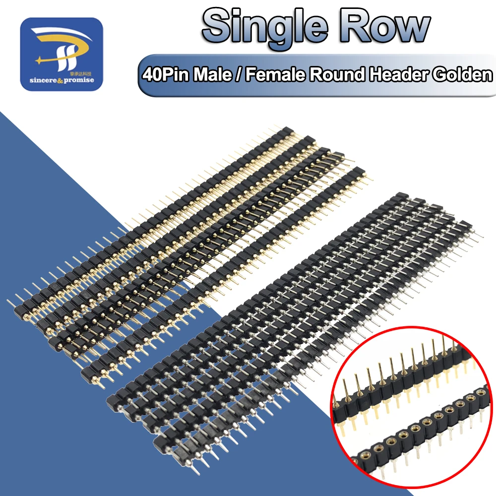 40P Złącze żeńskie 1x40 pinów 2,54 mm Okrągłe złącze żeńskie do DS18B20 i kryształów i PCB Złoty pin Jednorzędowe męskie