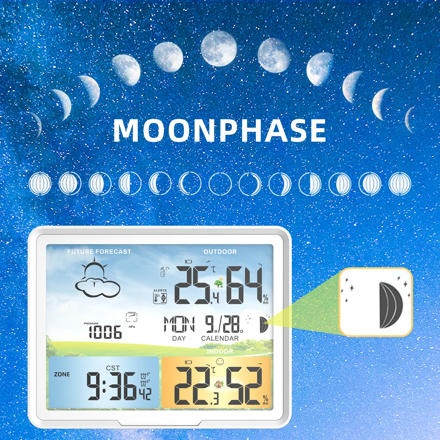 FABISENSE Weather Station Indoor Outdoor Digital Forecast Calendars Clocks Hygrometer Humidity Temperature Display Sensor PT20A