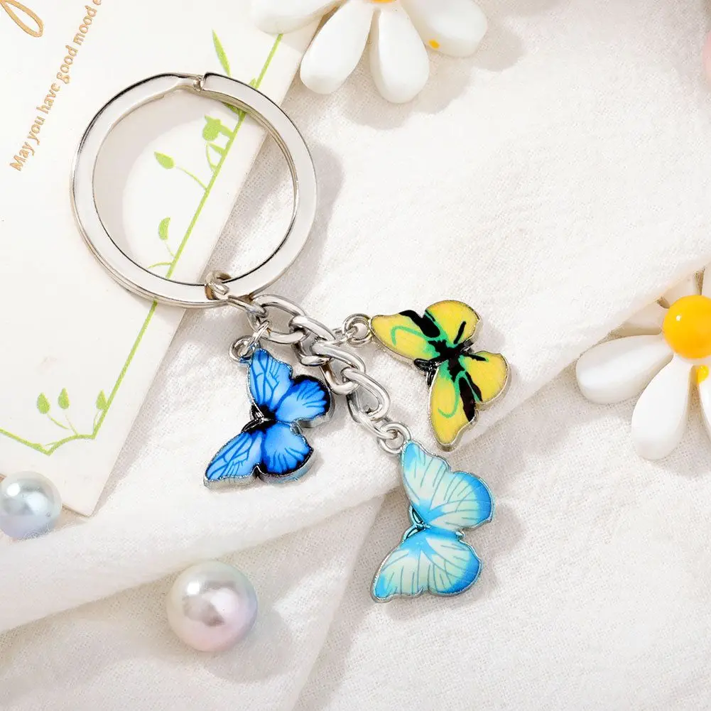 1PC Fashion Colorful Butterfly Keyrings Phone Bag Purse School Bag Crystal Butterfly Pendant Alloy Keychains  For Women Gifts